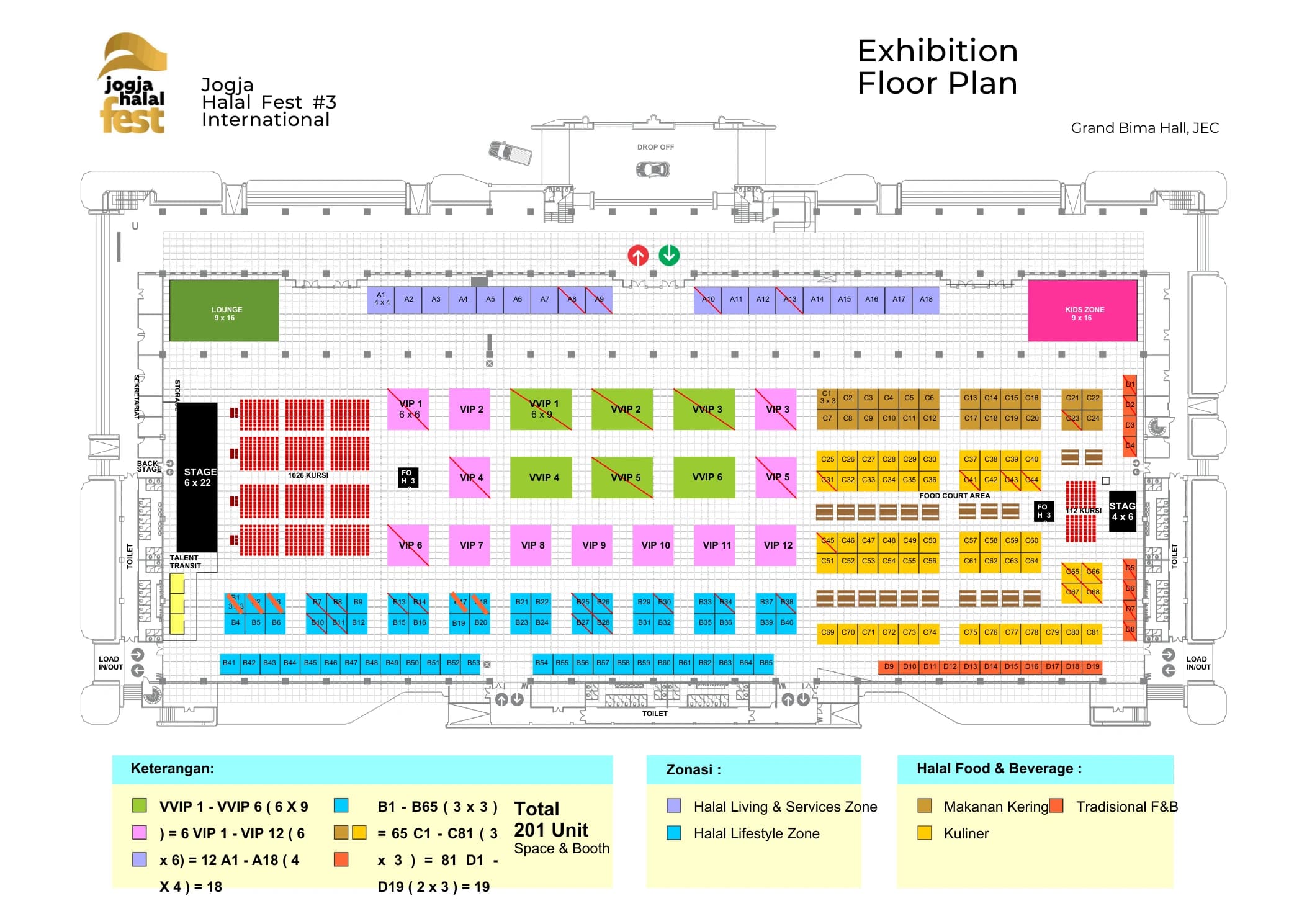 Denah terbaru 201 unit booth Jogja Halal Fest 3 di Grand Bima Hall JEC